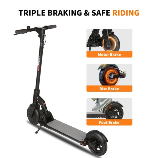 Black electric scooter with triple brakes.