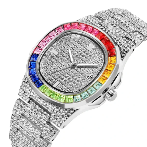 Diamond watch with rainbow bezel.