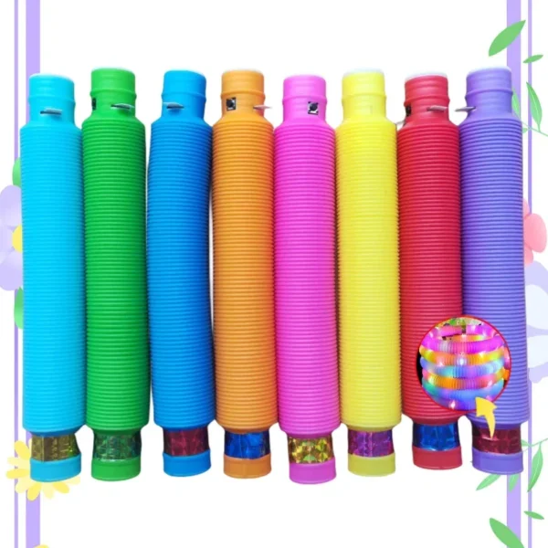 Colorful telescopic toys with light up ends.