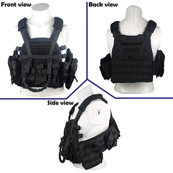 Black tactical vest with multiple pouches.