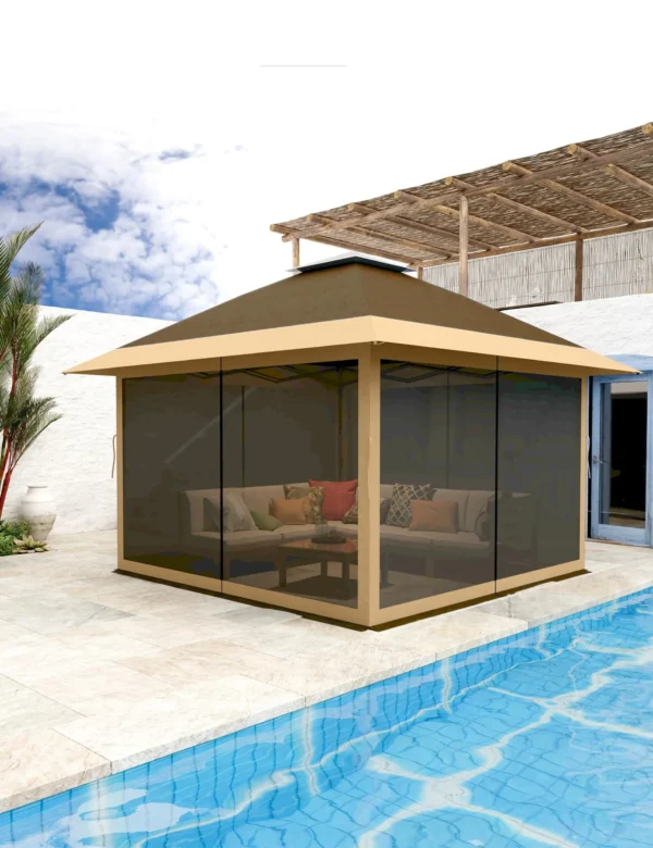 Beige gazebo with netting by pool.