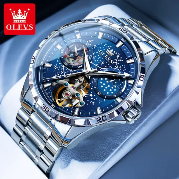 Silver Olevs automatic wristwatch with blue face.