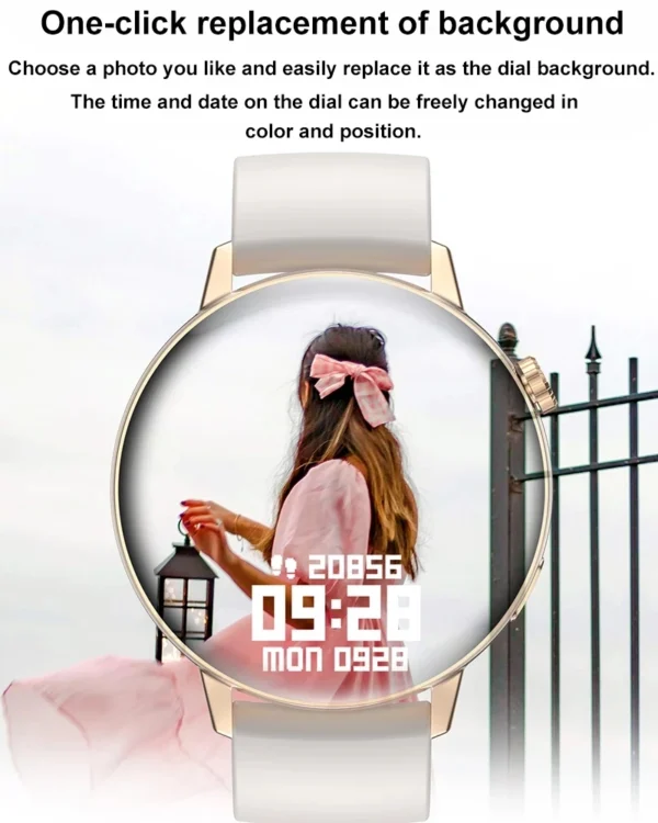 White smartwatch with custom photo background.