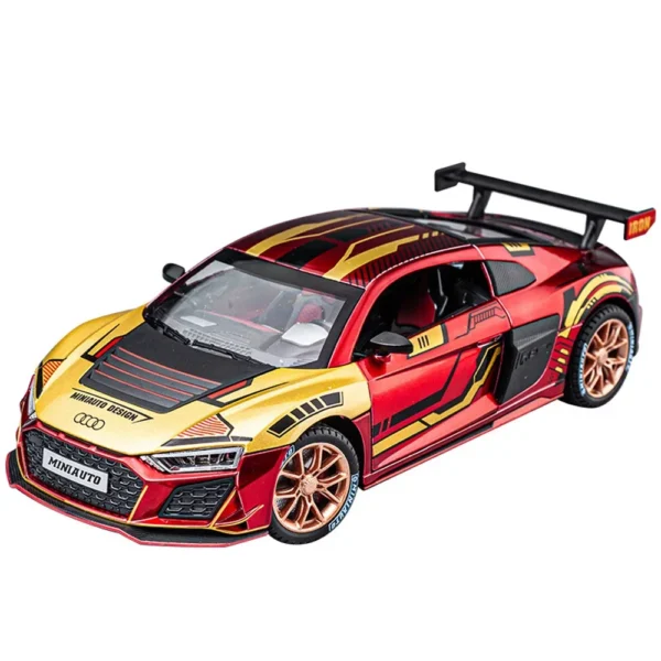 Red and gold toy Audi R8 sports car.