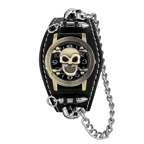 Black leather wristwatch with skull face