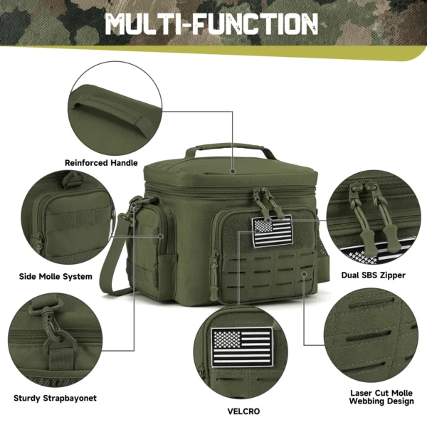 Green molle tactical lunch bag with zipper.