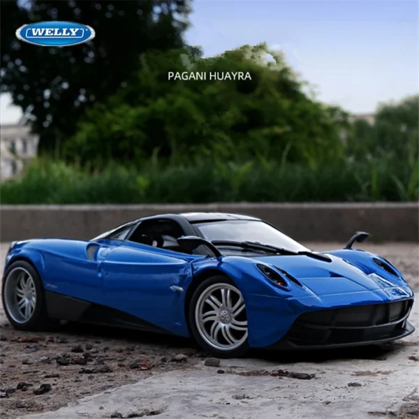 Blue Pagani Huayra diecast model car.