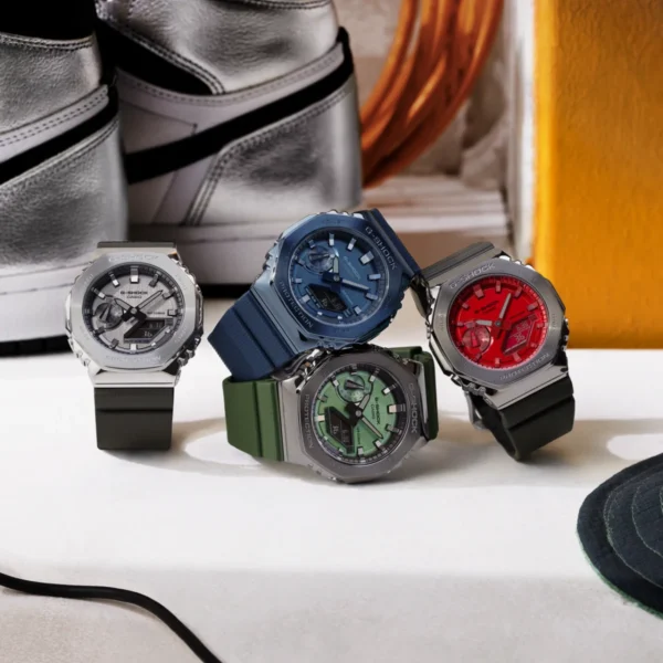 Four G-Shock watches with different colored faces.