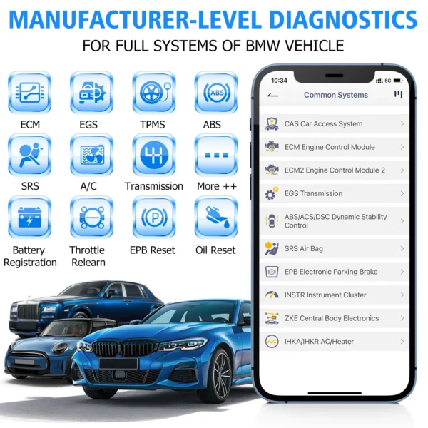 BMW car diagnostic tool with icons.