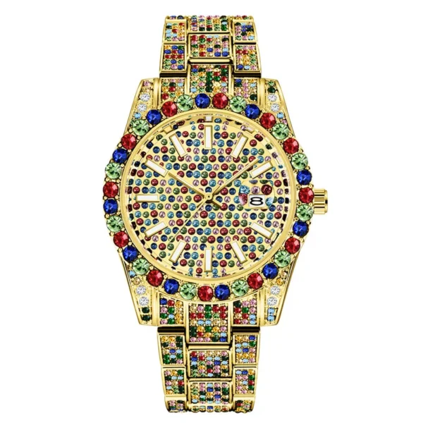 Gold watch with colorful gemstone accents.