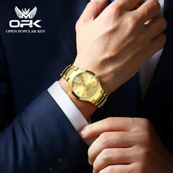 Man wearing gold Open Popular Key watch.