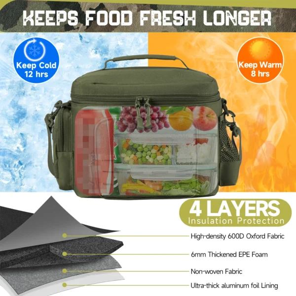 Green insulated lunch bag with food