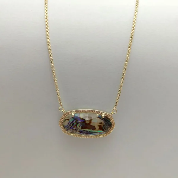 Gold chain with iridescent abalone pendant.