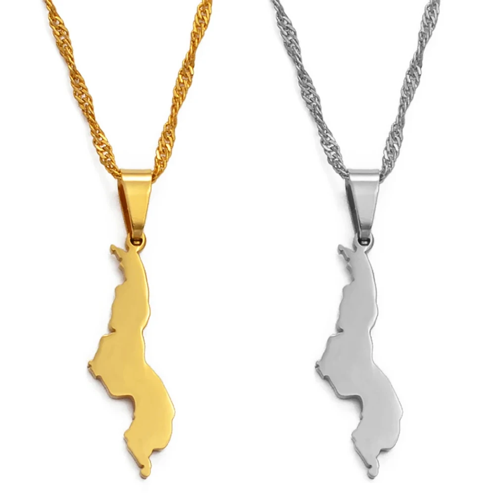 Gold and silver Malawi map necklaces.