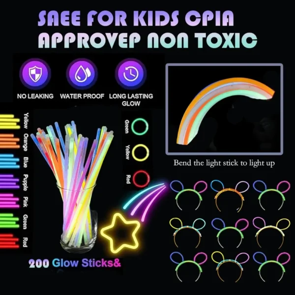 272 Glowing Party Supplies, 24 Foam Glow Sticks, 24 LED Glasses and 200 Fluorescent Bracelets, Party Supplies - Image 3