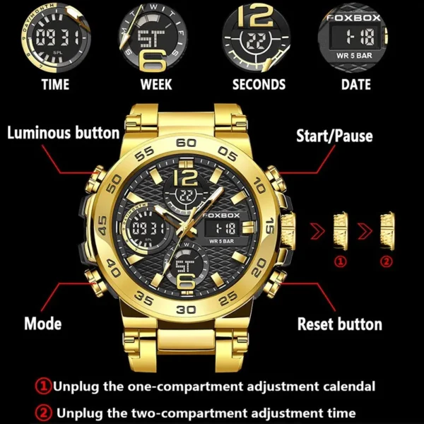 Gold chronograph watch with black face.