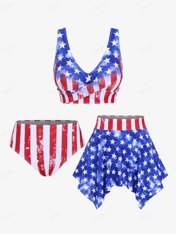 ROSEGAL Plus Size Women's Three Pieces Swimsuit High Waist Twist Patriotic American Flag Print Skirted Bottom Tankini Swimwears