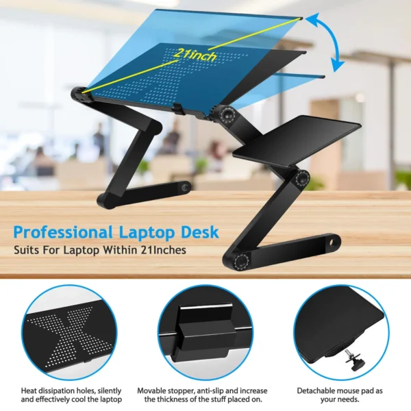 Black adjustable laptop stand with mouse pad.