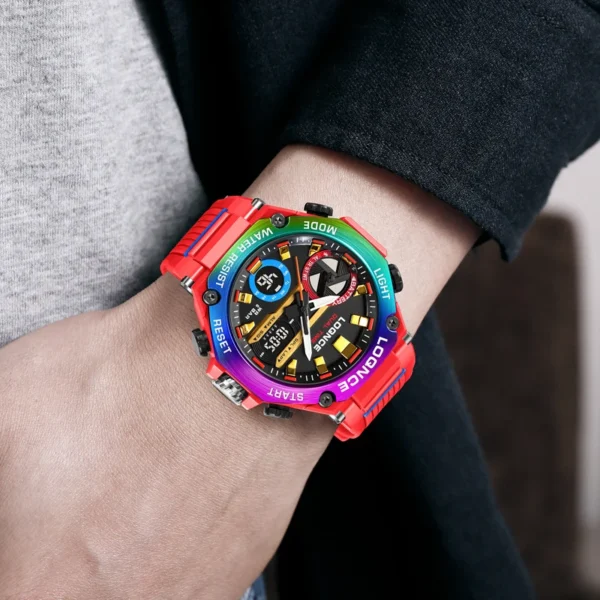 Rainbow digital watch on a wrist.