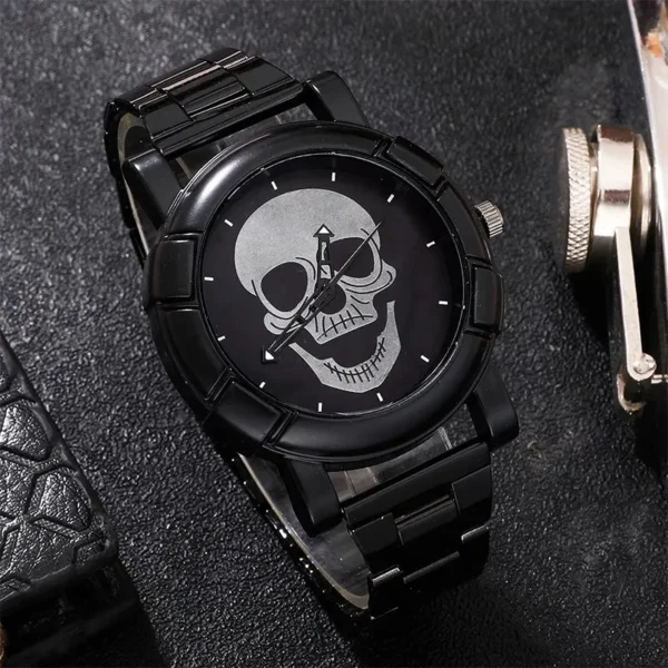 Black wristwatch with white skull face.