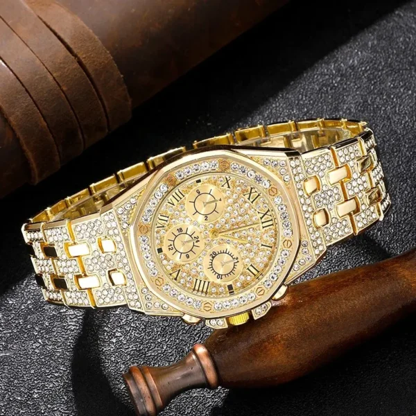 Gold watch with diamond encrusted band.