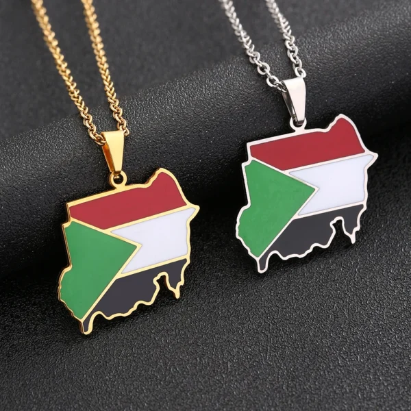 Two gold and silver Sudan flag necklaces.