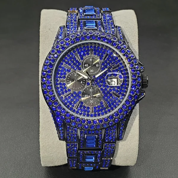 Black and blue jeweled wristwatch.