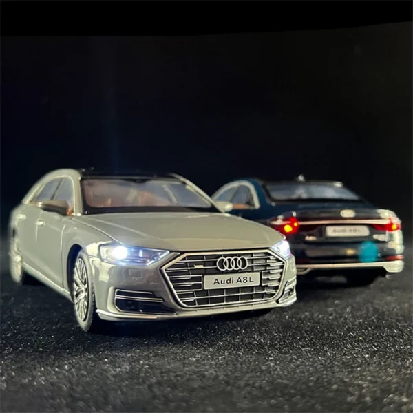 Silver Audi A8L model car.