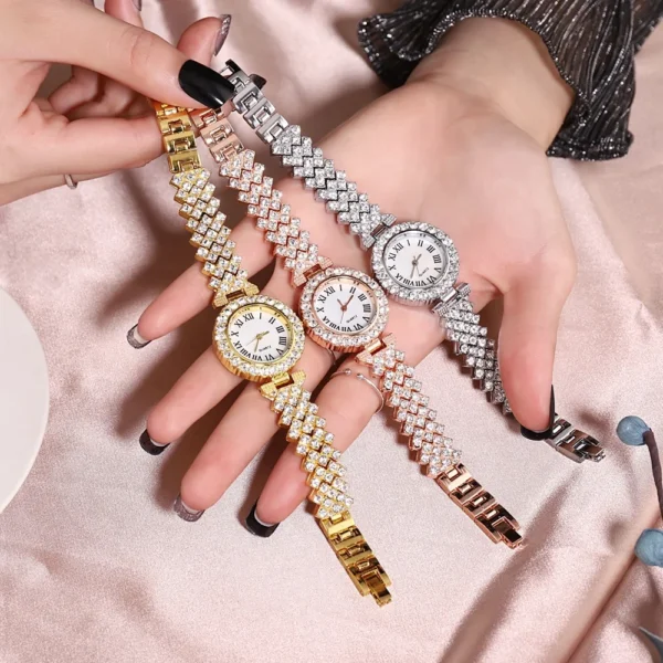 Three jeweled wristwatches with Roman numeral faces.