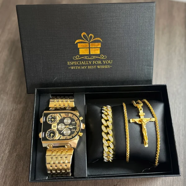 Gold watch, bracelet, and necklace set.