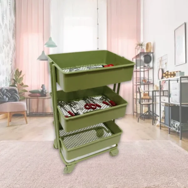 Three-tier rolling cart with green shelves.