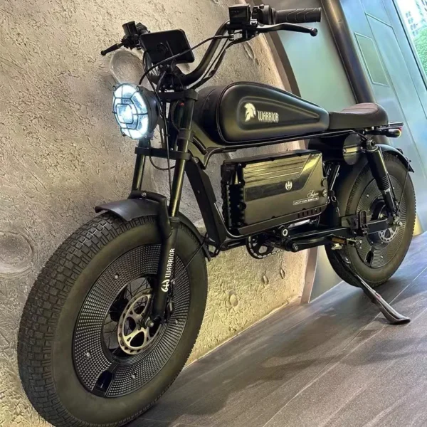 Black electric motorcycle with Warrior branding.