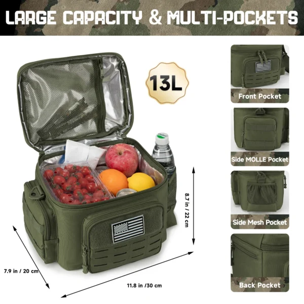 Green insulated lunch bag with multiple pockets.