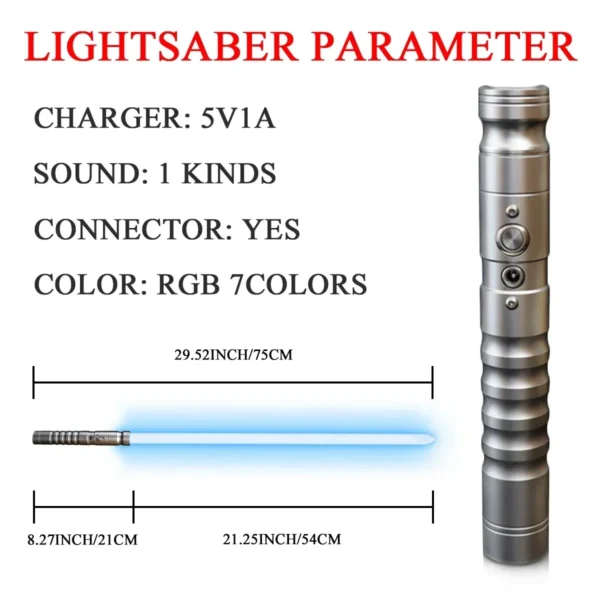 Silver lightsaber with blue blade and features.