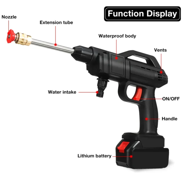 Cordless pressure washer with battery and nozzle.