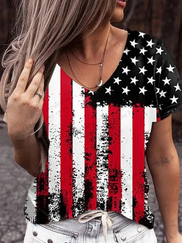 American Flag 3d Print T-shirt Women Fashion V-Neck T shirts Short Sleeve Tops Tees Loose Casual Tees Vintage Camisetas USA Flag