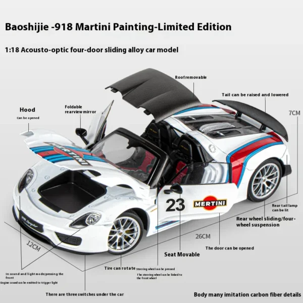 White 1:18 scale model Porsche 918 Spyder.