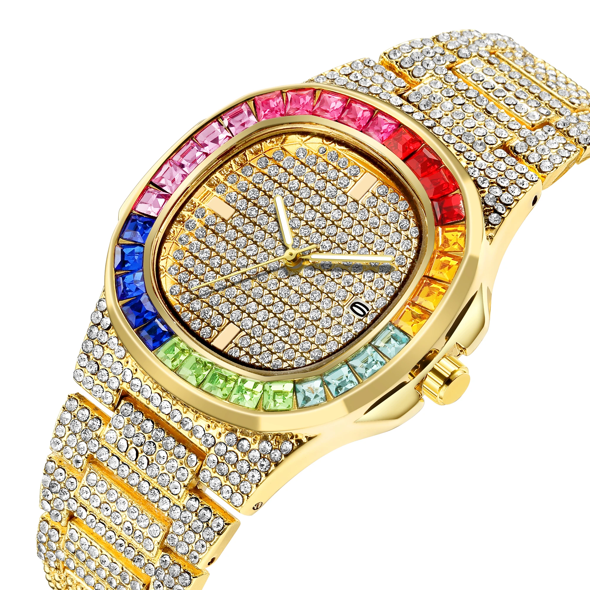 Gold watch with rainbow gems and diamonds.