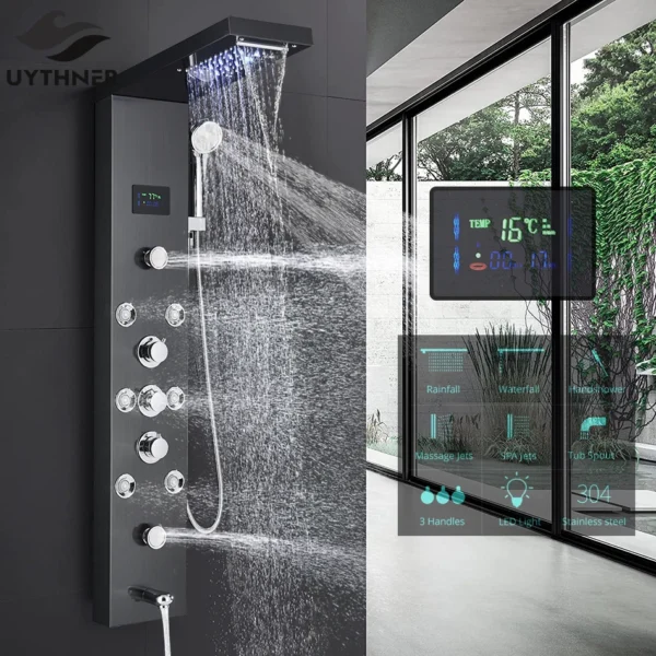 Modern stainless steel shower system with LED lights.