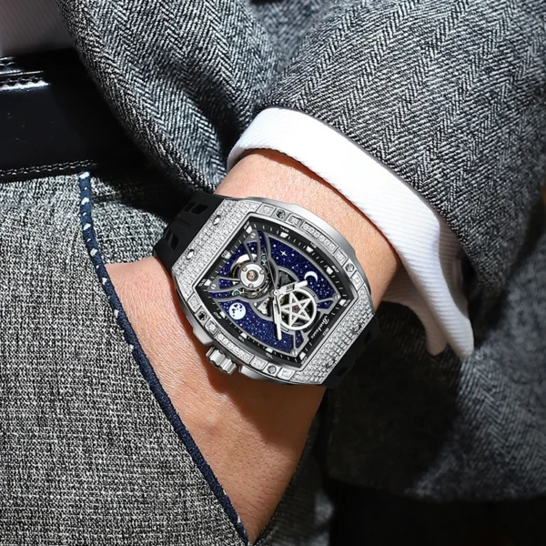 Diamond-encrusted wristwatch with star design.