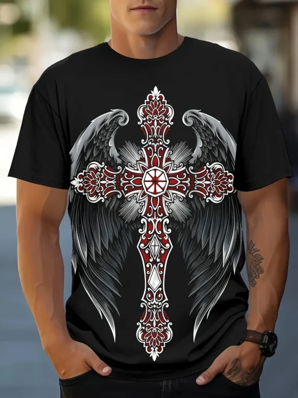 2024 Summer Men's Vintage T-shirt Jesus Cross Print Short Sleeve Loose permeable Top T-shirt Men's Fashion Comfortable shirt - Image 4