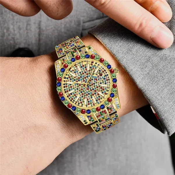 Gold wristwatch with colorful gemstones.