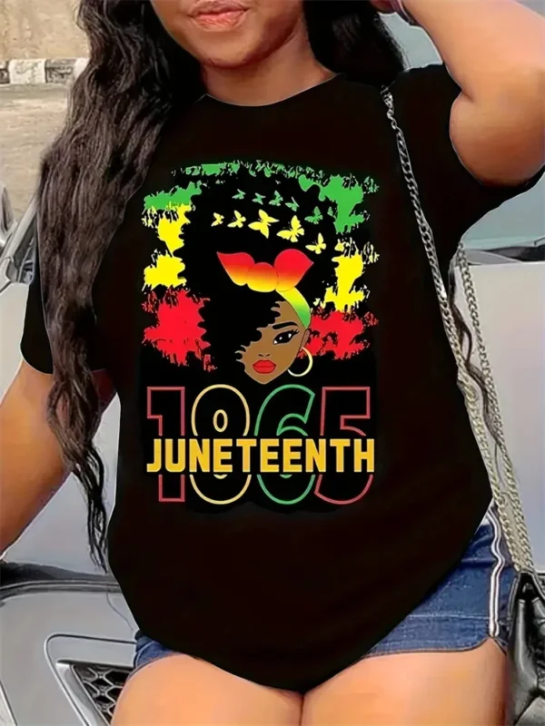 1865 Juneteenth Graphic Polyester Breathable Black Tee Shirt Crew Neck Casual T Shirts Vintage For Women