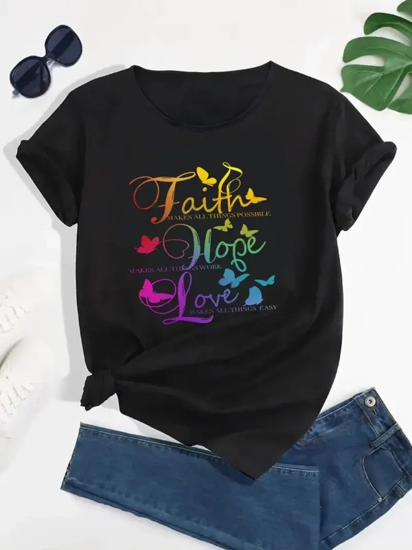 Plus Size Gradient Faith Hope Love Print T-Shirt, Crew Neck Short Sleeve T-Shirt, Casual Sport Tops, Women's Clothing - Image 2