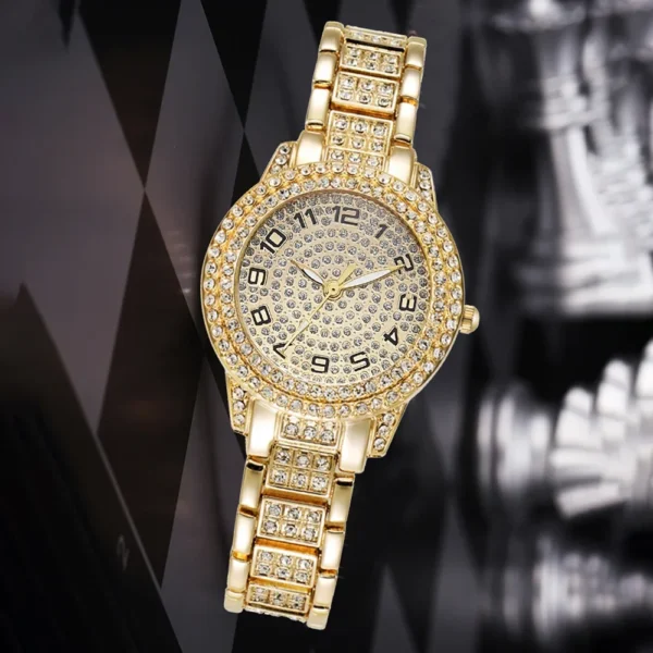 Gold wristwatch with diamond accents.