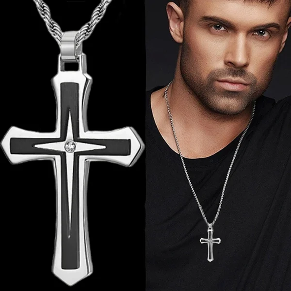 Black and silver cross pendant necklace.