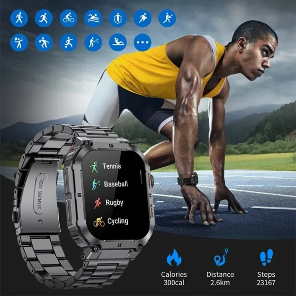 Man wearing a fitness tracker with sports icons.