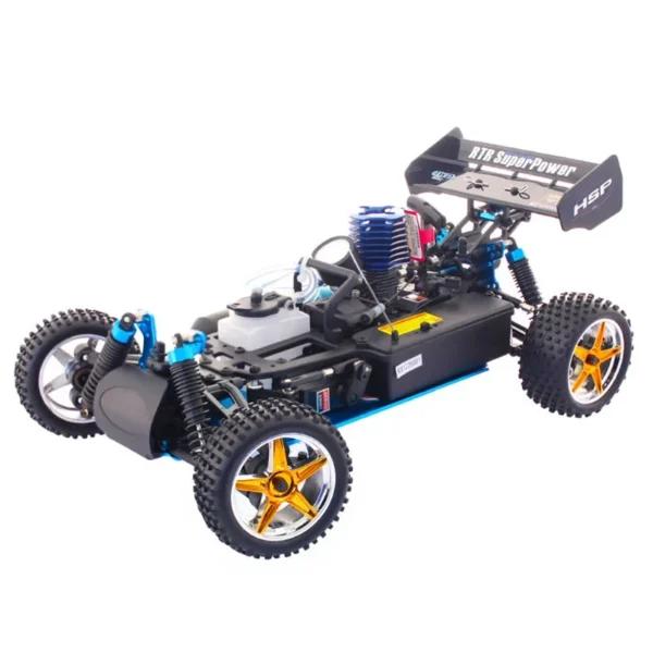 Blue and black RC race car with gold wheels.