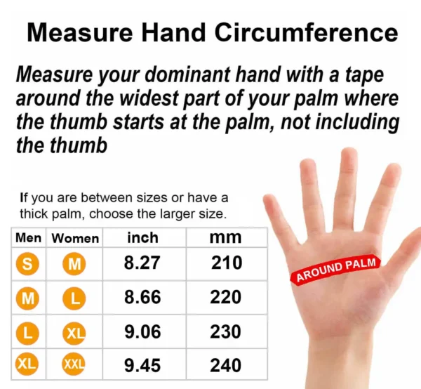 Hand circumference measurement chart.