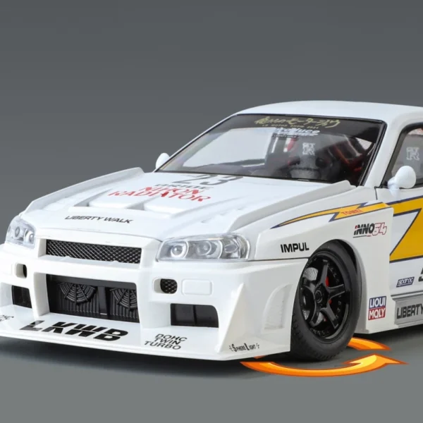 White Nissan Skyline R34 race car model.